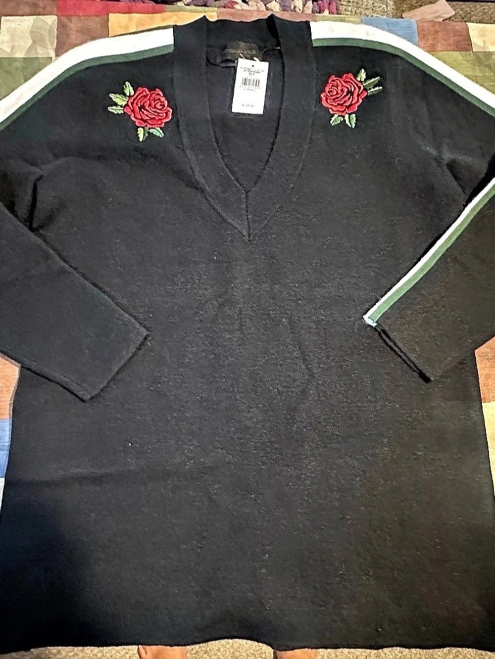 Kendall + Kylie Oversized V-Neck Sweater with Rose Embroidery Oversized Rose